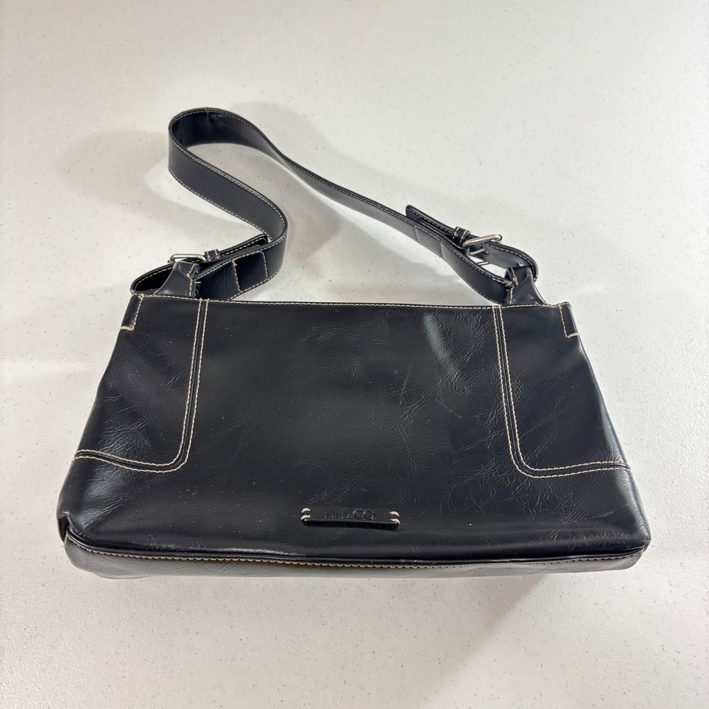 Nine & Co by Nine West Black Faux Leather Shoulder Bag White Stitching Handbag